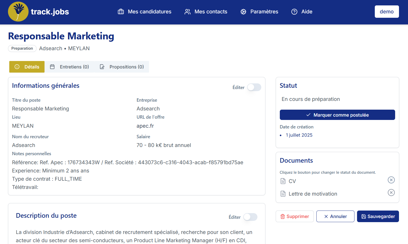 Créer une candidature sur Trackjobs